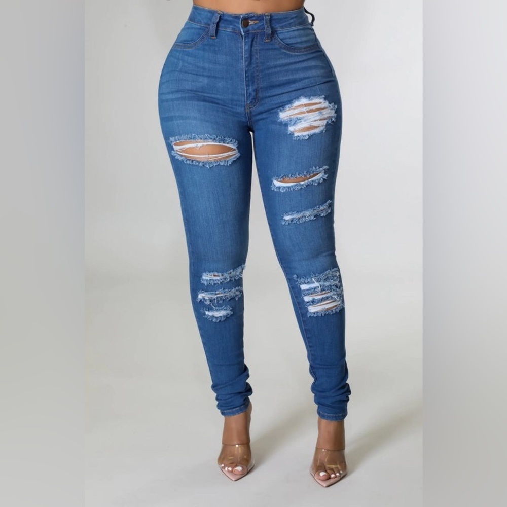 HIGH RISE DISTRESSED DENIM JEANS PLUS SIZE AVAILABLE